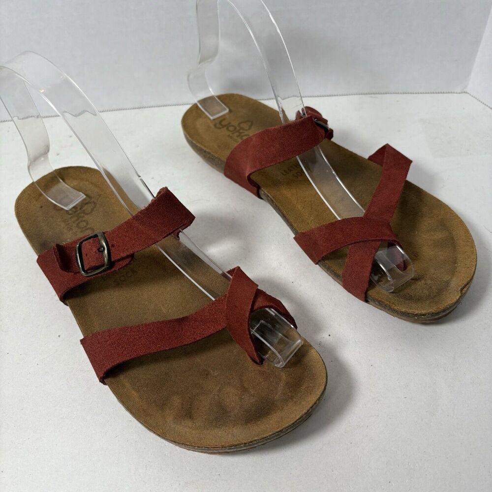 Yokono Sandals Womens Size 8 Flip Flop Red Toe Strappy‎ Leather Cork Adj G1